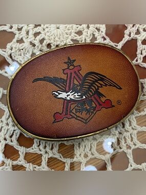 Vintage Anheuser Busch Eagle Logo Leather and Brass Belt Buckle